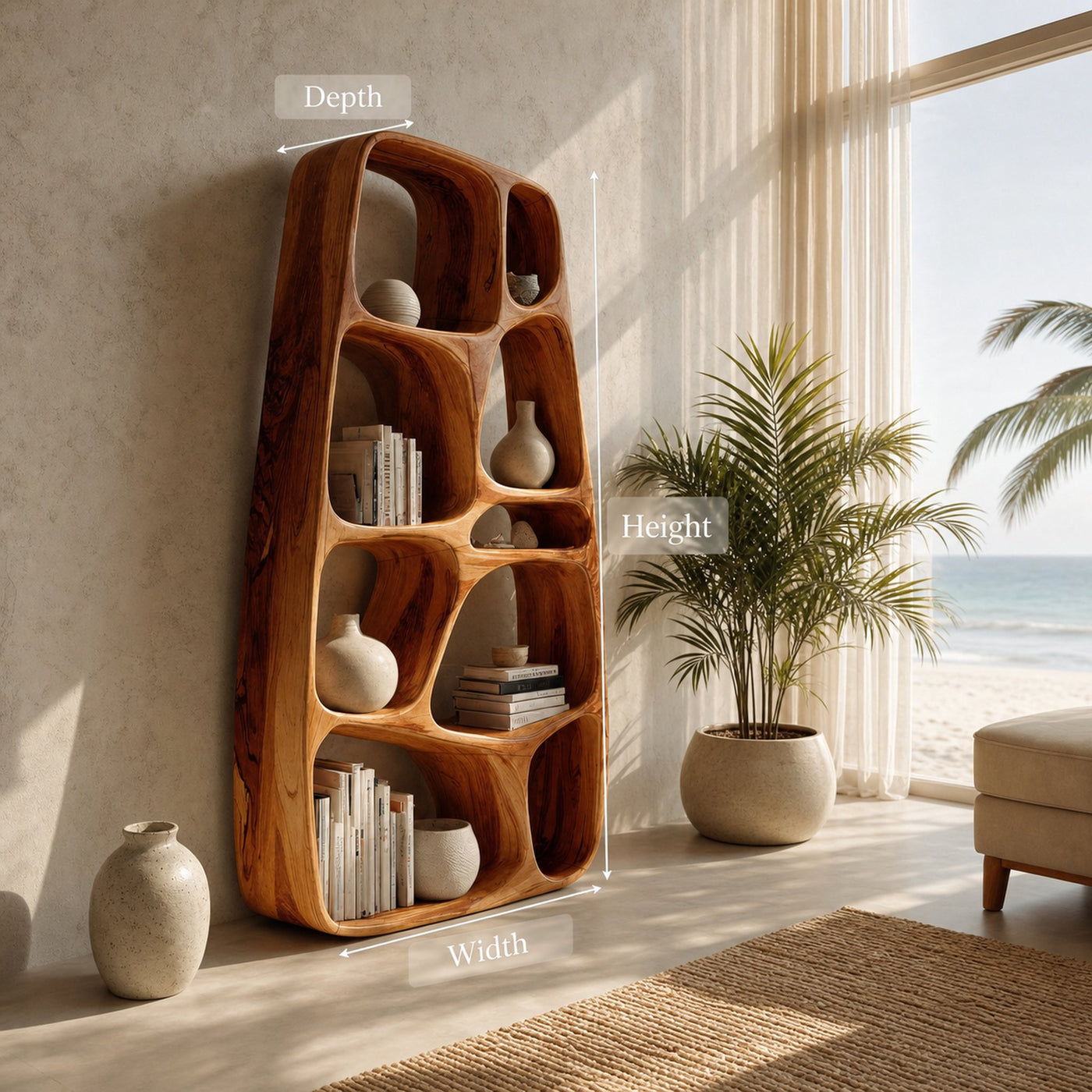 Handcrafted Wooden Sculptural Bookshelf For Living Room - product view 7