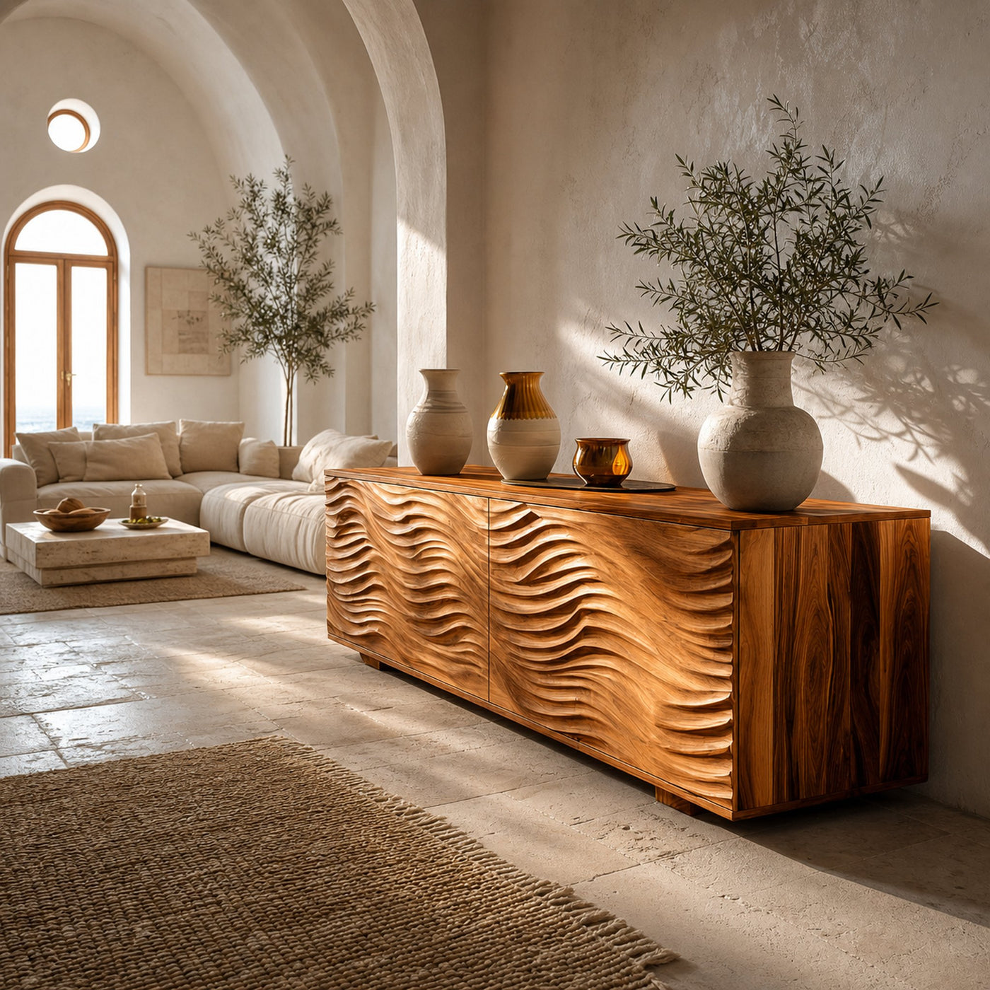 Handcrafted Wooden Sideboard With Sculpted Wave For Living Room
