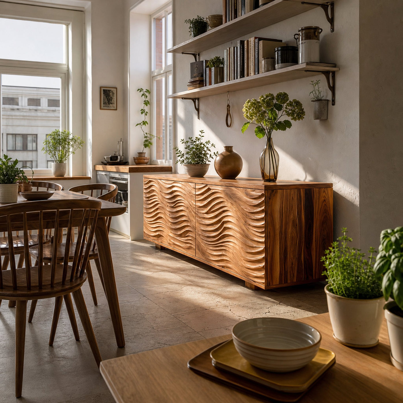 Handcrafted Wooden Sideboard With Sculpted Wave For Living Room - product view 6