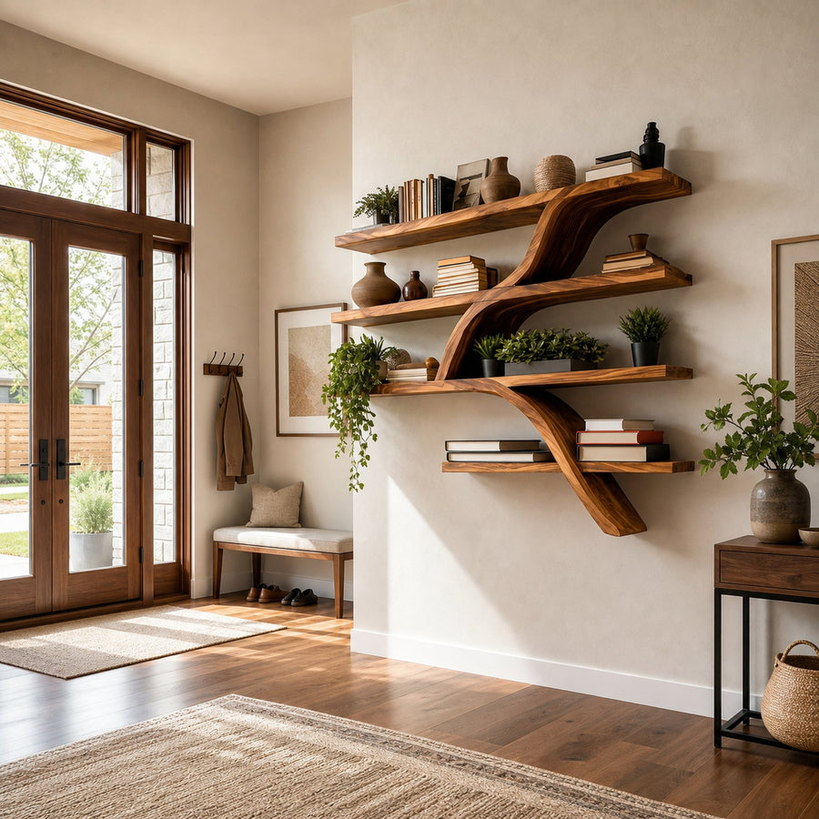 Handcrafted Wooden Wall Bookshelf With Organic Shape For Home