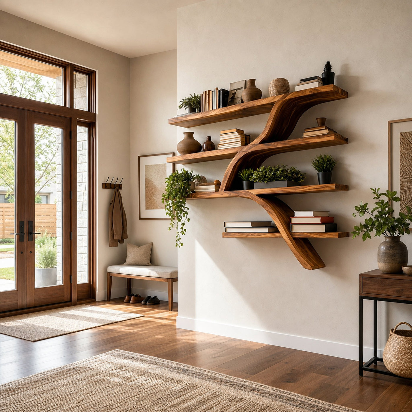 Handcrafted Wooden Wall Bookshelf With Organic Shape For Home