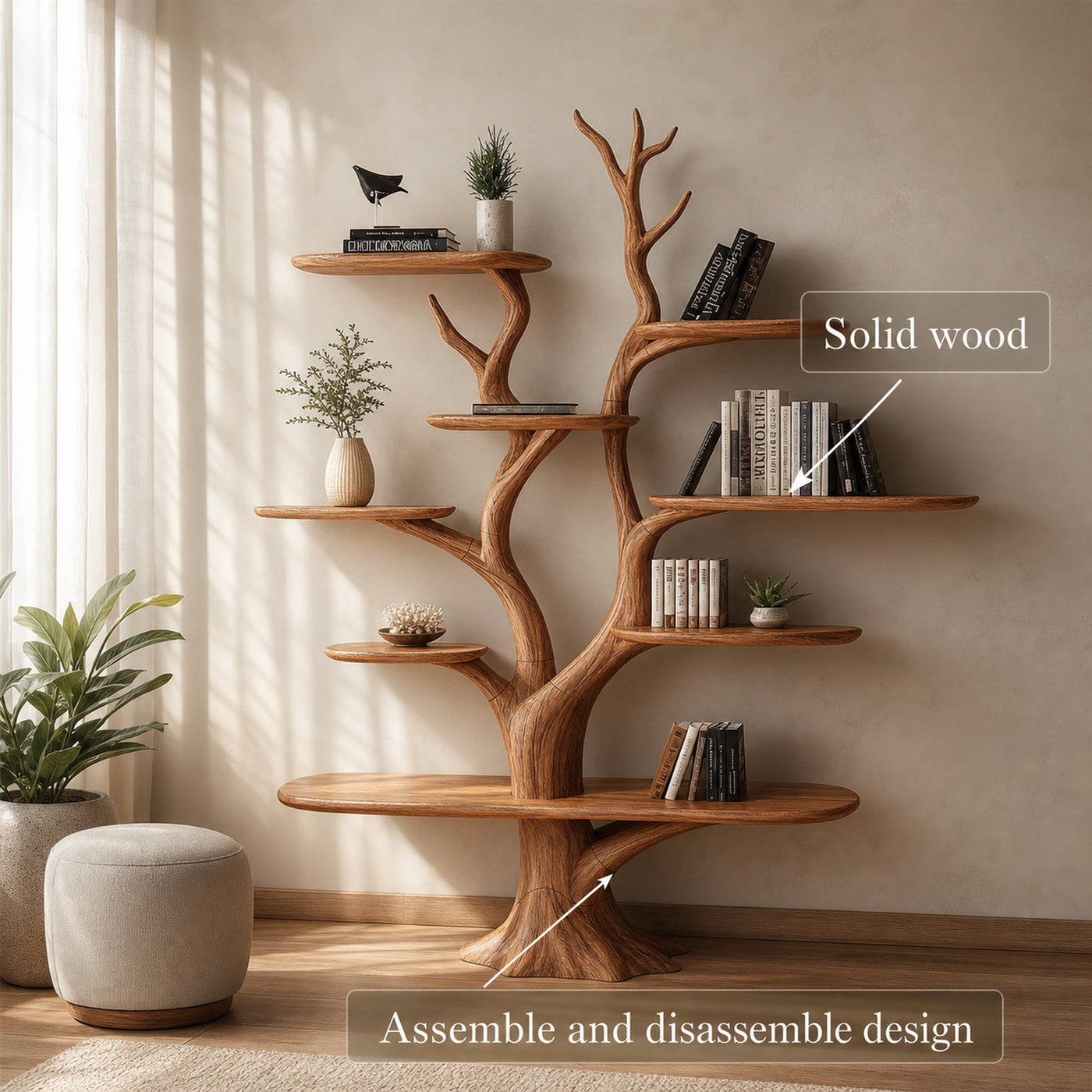 Handmade Walnut Wood Bookshelf Tree Shelf Living Room Decor Family Gift - product view 3