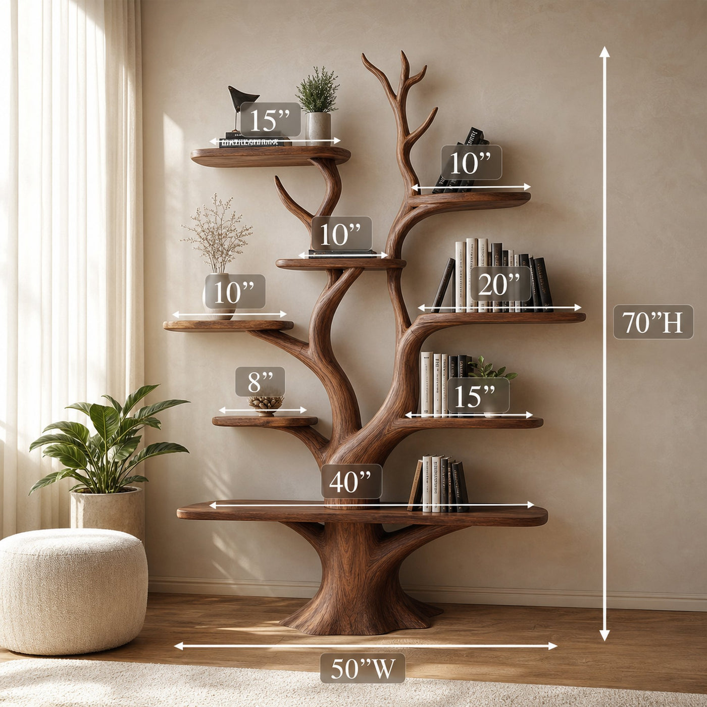 Handmade Walnut Wood Bookshelf Tree Shelf Living Room Decor Family Gift - product view 4