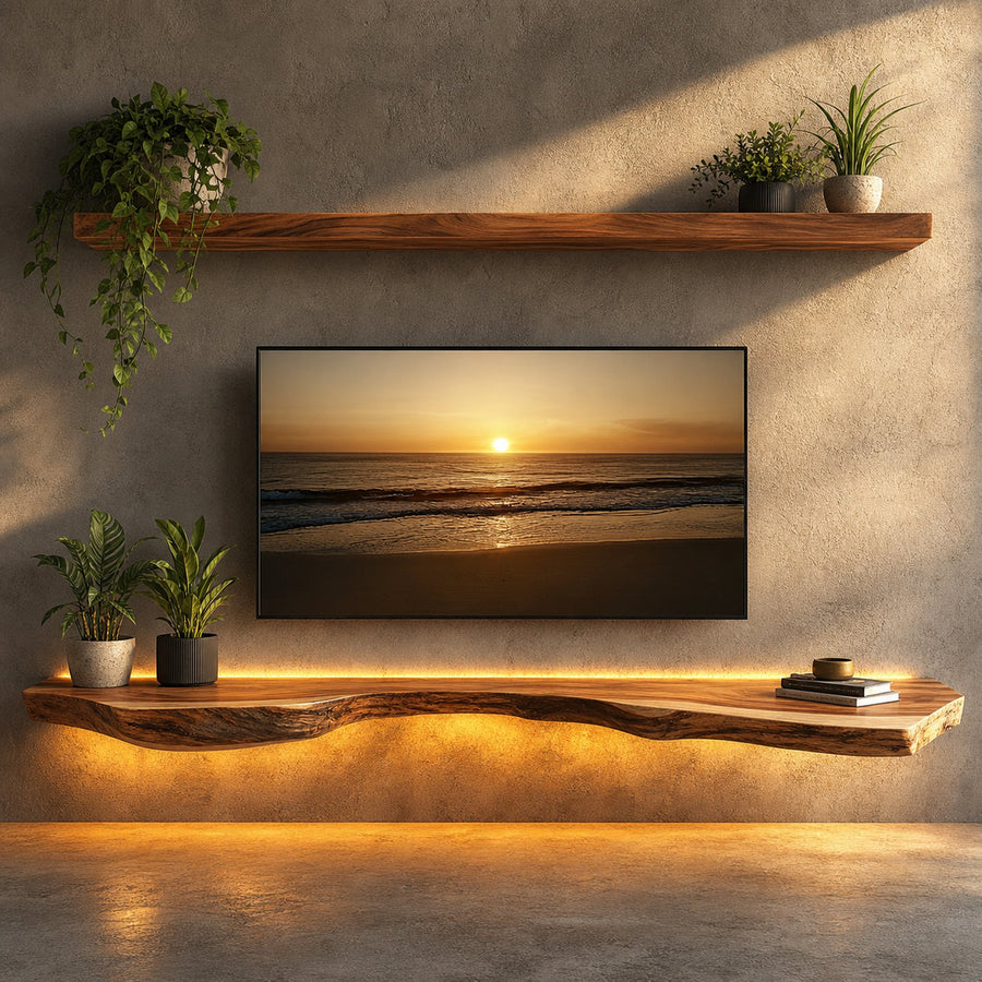 Illuminated Solid Wood Floating TV Shelf Modern Living Room Interior