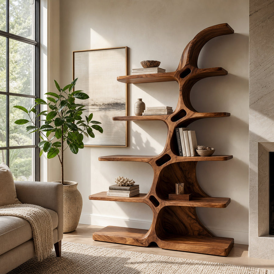 Japandi Carved Sculptural Bookshelf For Living Room