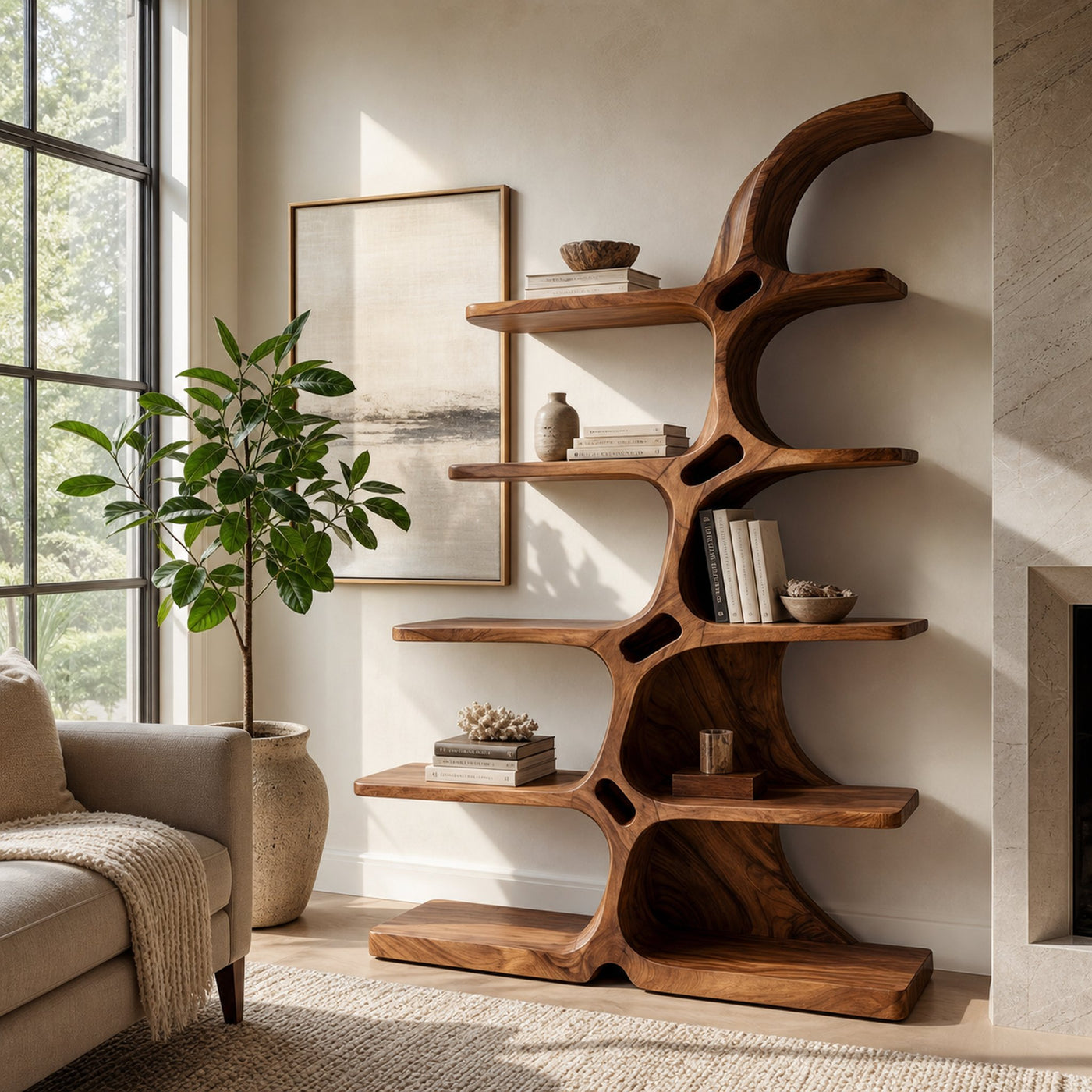 Japandi Carved Sculptural Bookshelf For Living Room