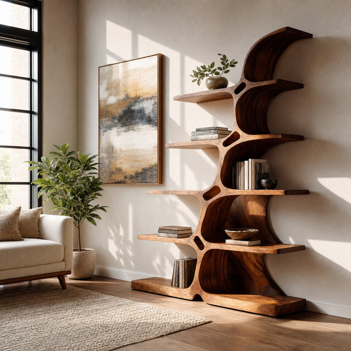 Japandi Carved Sculptural Bookshelf For Living Room - product view 6