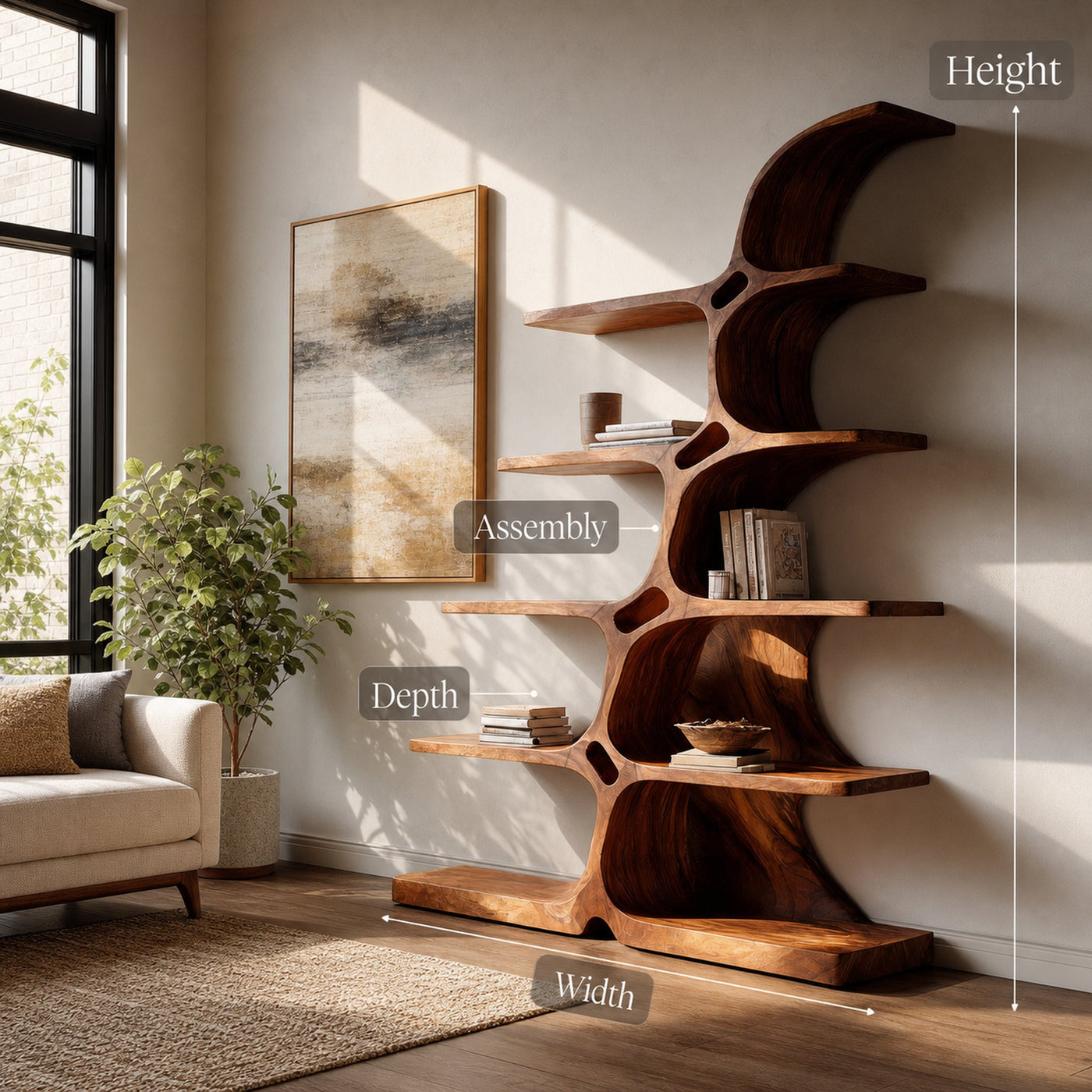 Japandi Carved Sculptural Bookshelf For Living Room - product view 8