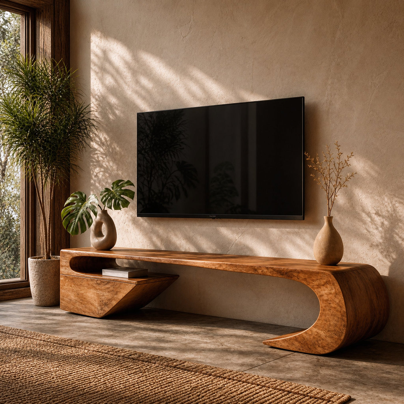 Japandi TV Cabinet With Sculptural Curved Wood Base And Solid Wood Media Console For Living Room