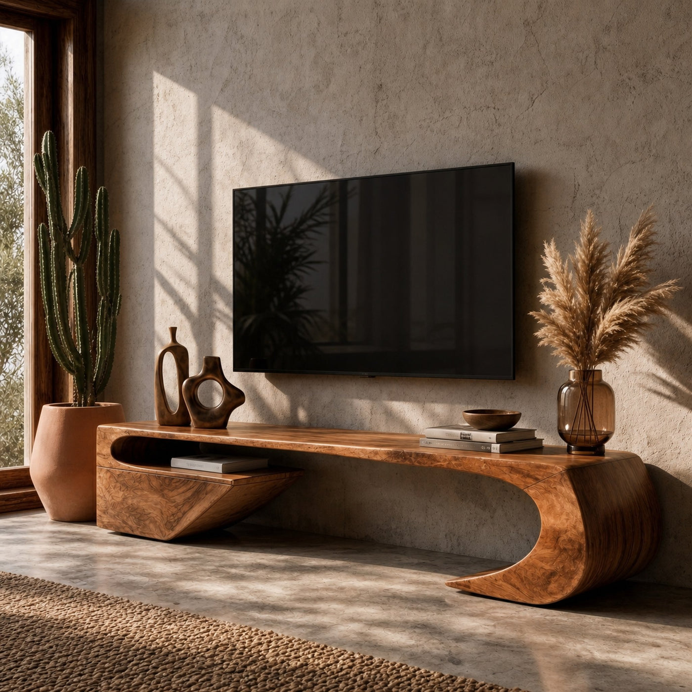Japandi TV Cabinet With Sculptural Curved Wood Base And Solid Wood Media Console For Living Room - product view 6