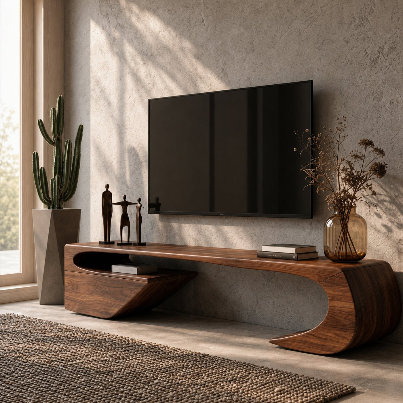 Japandi TV Cabinet With Sculptural Curved Wood Base And Solid Wood Media Console For Living Room - product view 7