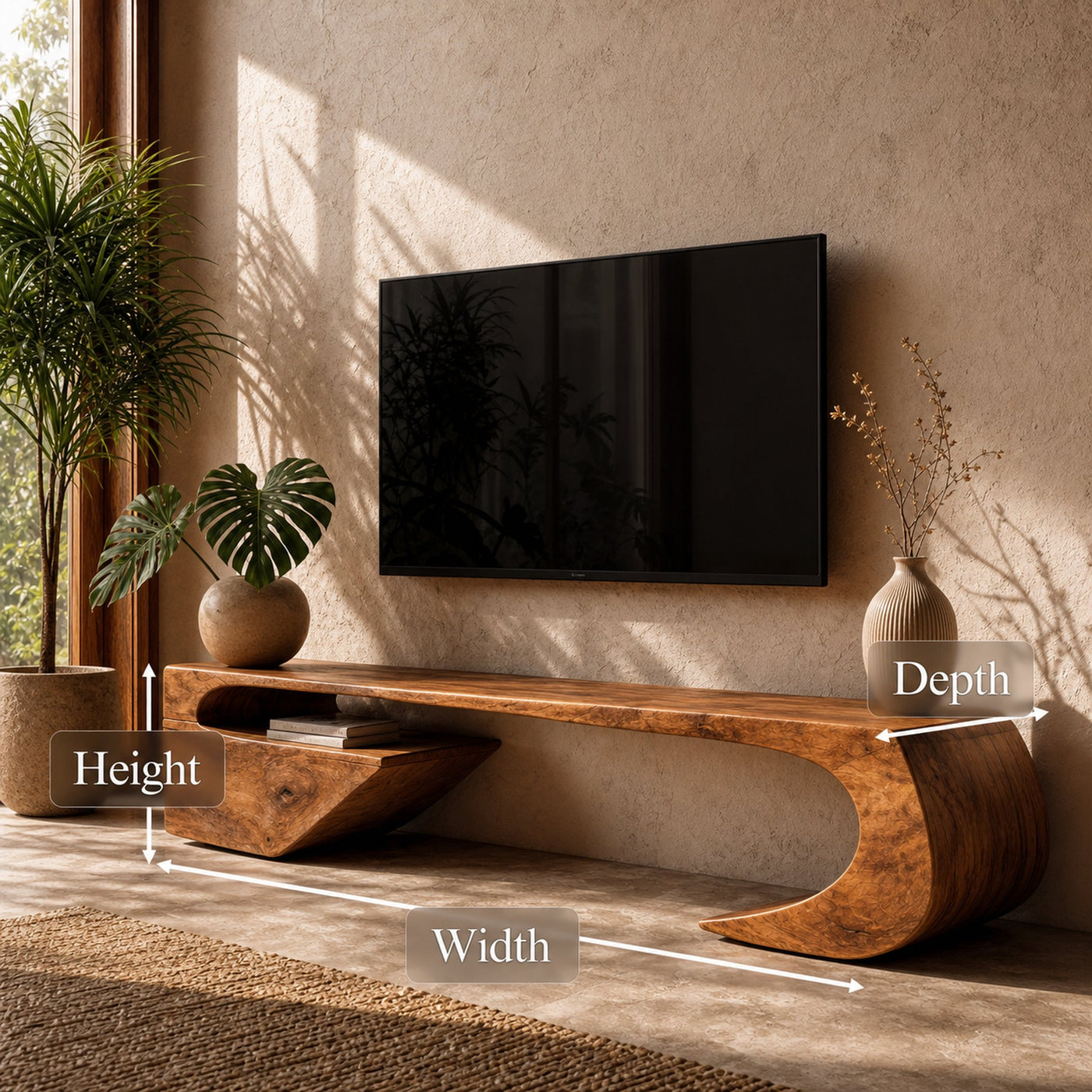 Japandi TV Cabinet With Sculptural Curved Wood Base And Solid Wood Media Console For Living Room - product view 8