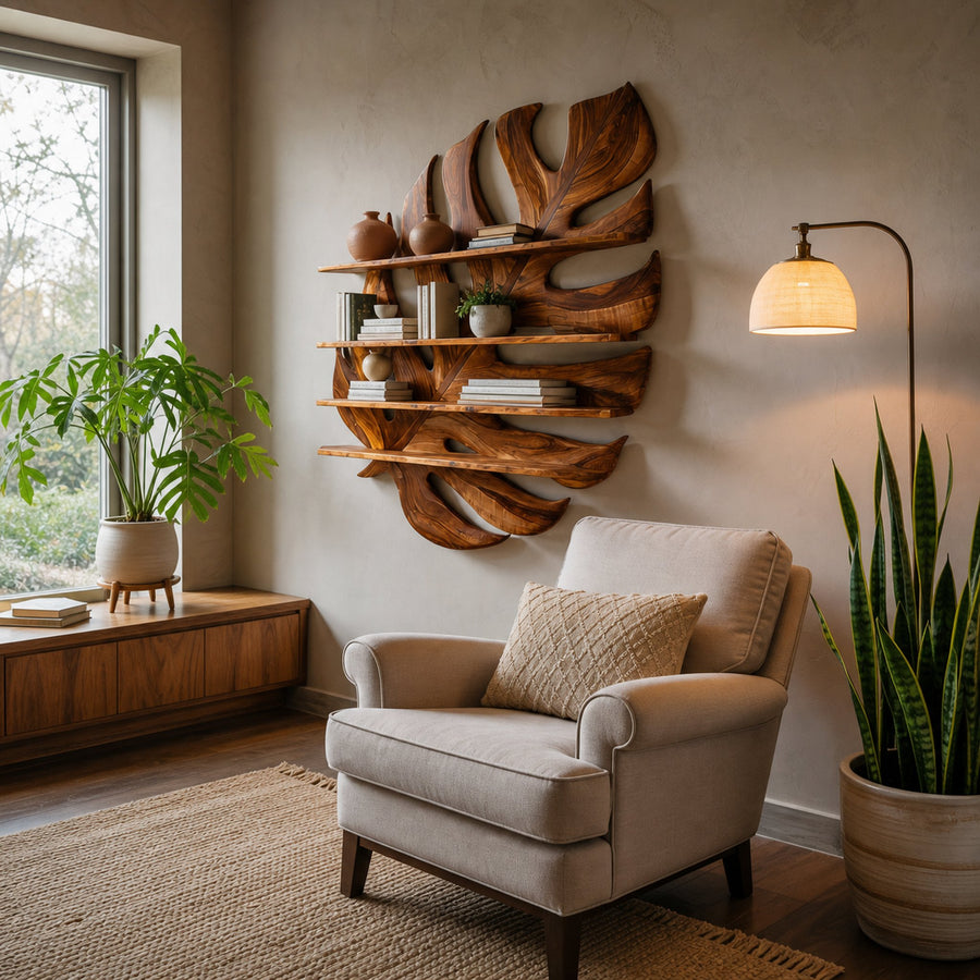 Large Wooden Tropical Leaf Bookshelf For Living Room