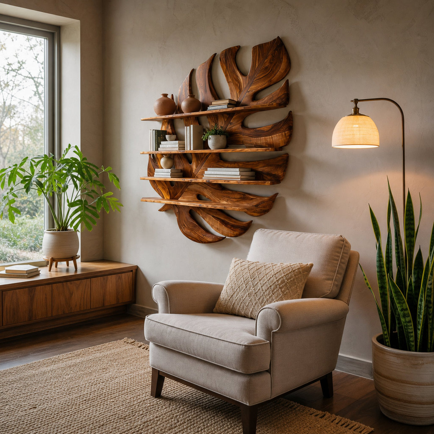 Large Wooden Tropical Leaf Bookshelf For Living Room