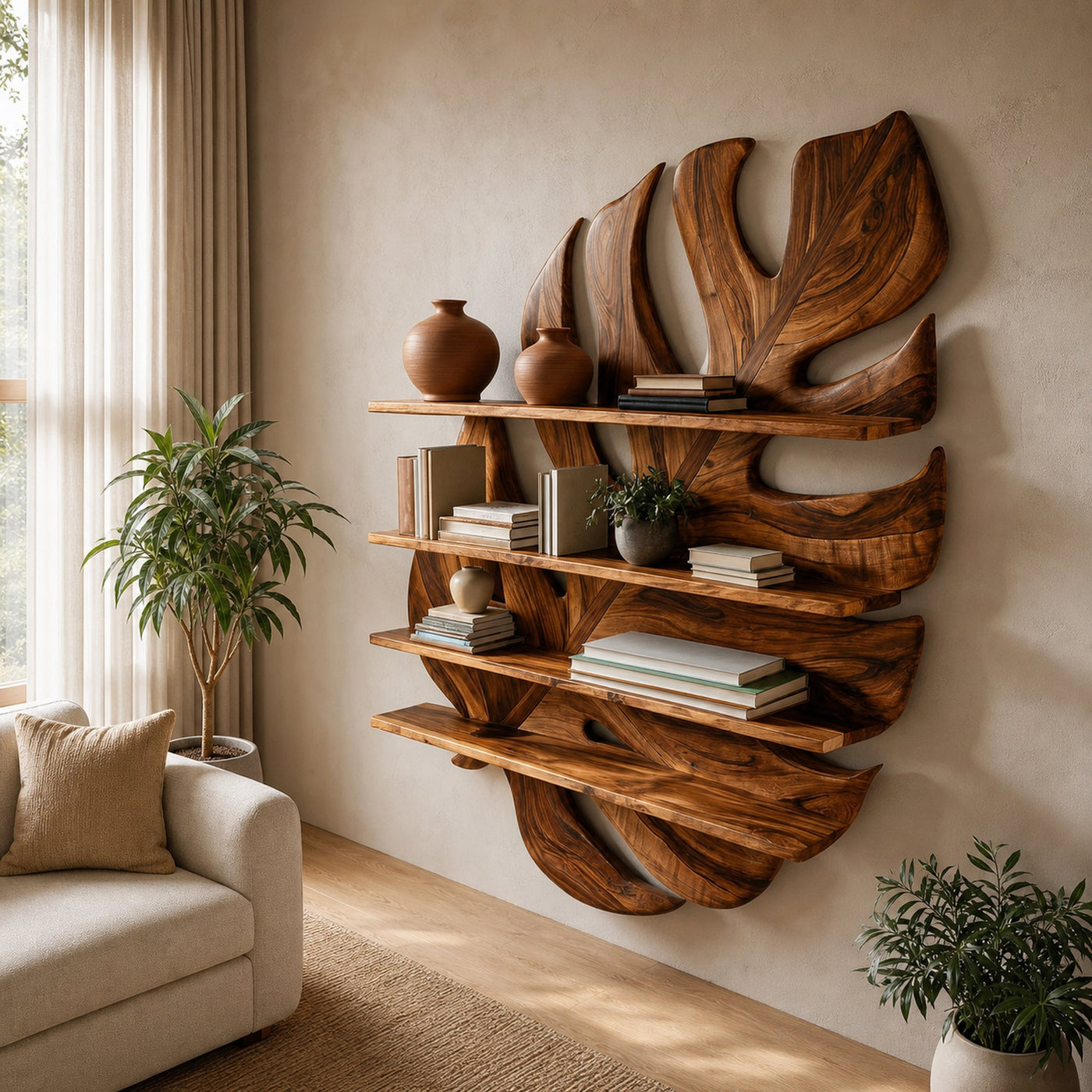 Large Wooden Tropical Leaf Bookshelf For Living Room - product view 6