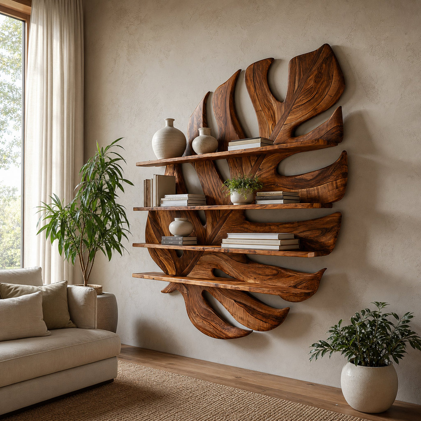 Large Wooden Tropical Leaf Bookshelf For Living Room - product view 7