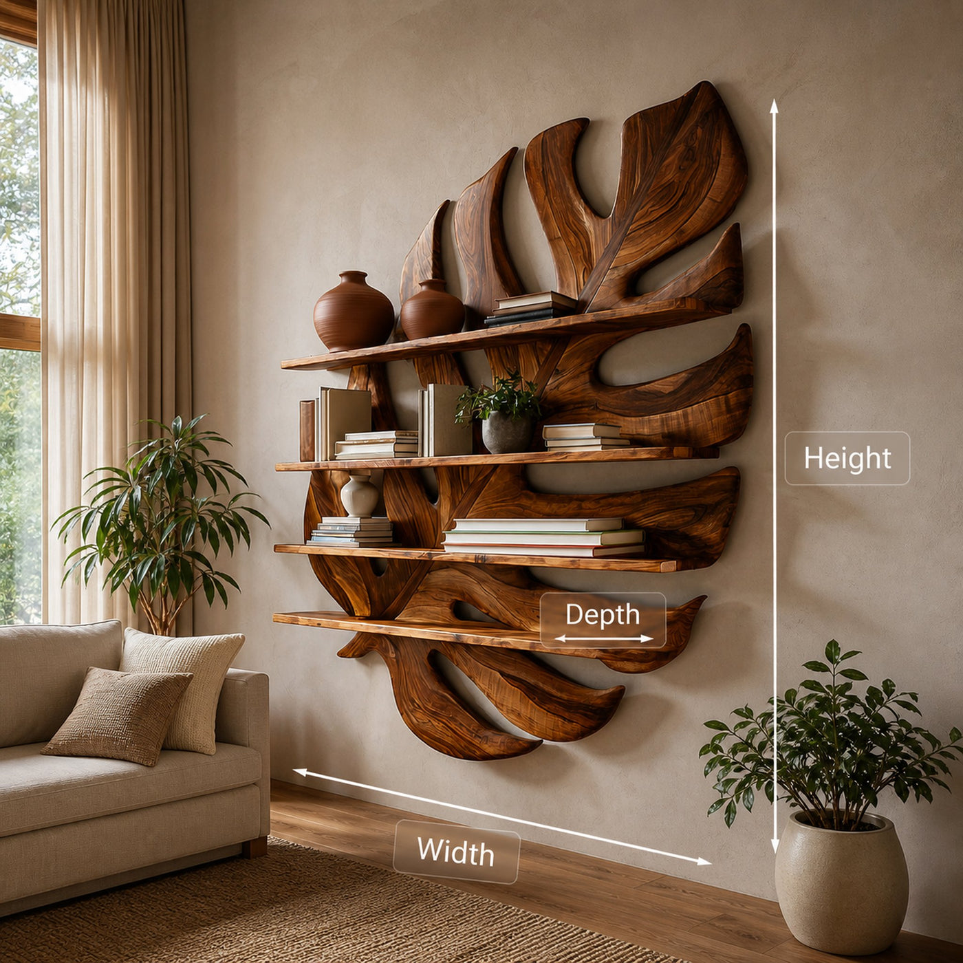 Large Wooden Tropical Leaf Bookshelf For Living Room - product view 8