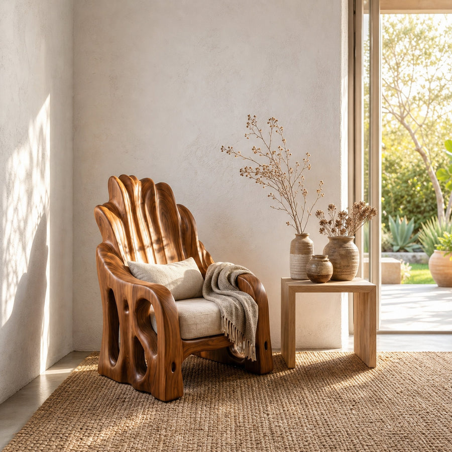 Leaf Inspired Wooden Armchair For Living Room