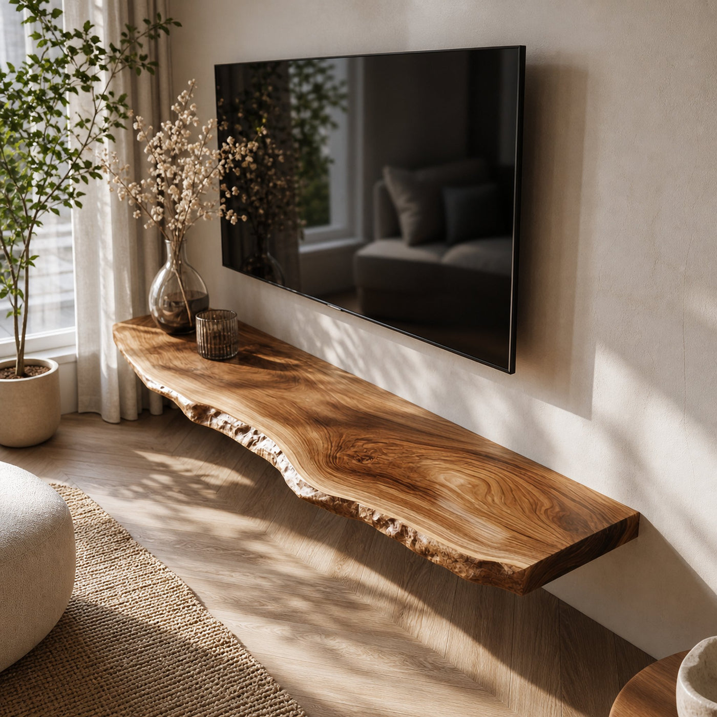 Live Edge Solid Wood Floating TV Console Organic Modern Living Room Interior