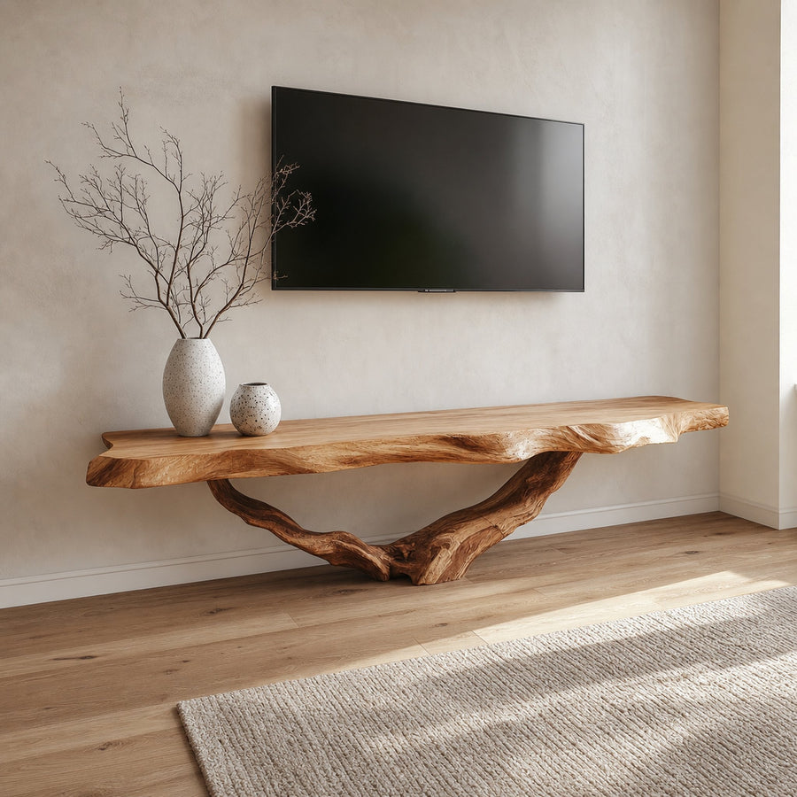 Live Edge Solid Wood TV Console Handmade Floating Media Shelf For Living Room