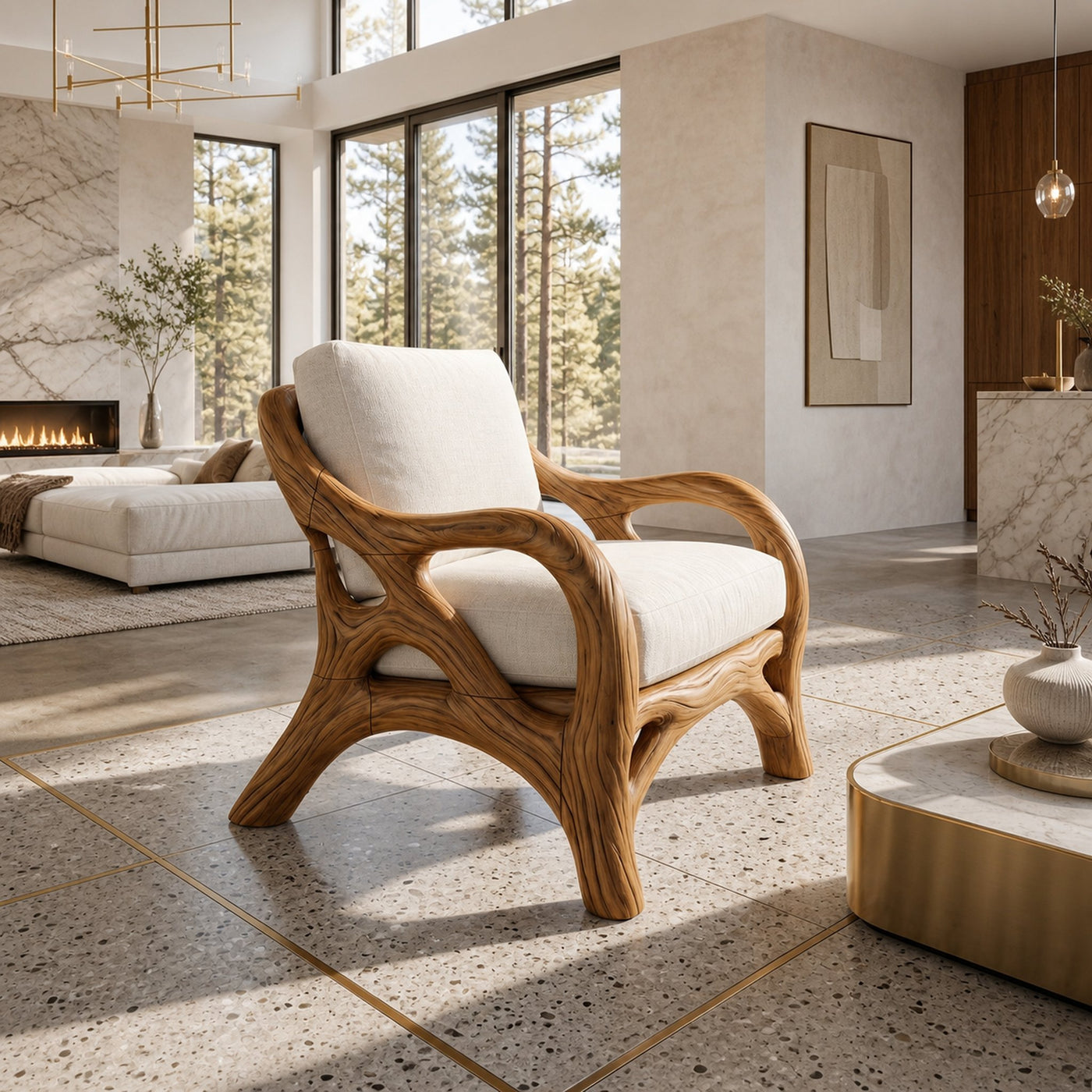 Luxury Organic Wood Lounge Chair with Sculptural Architectural Design