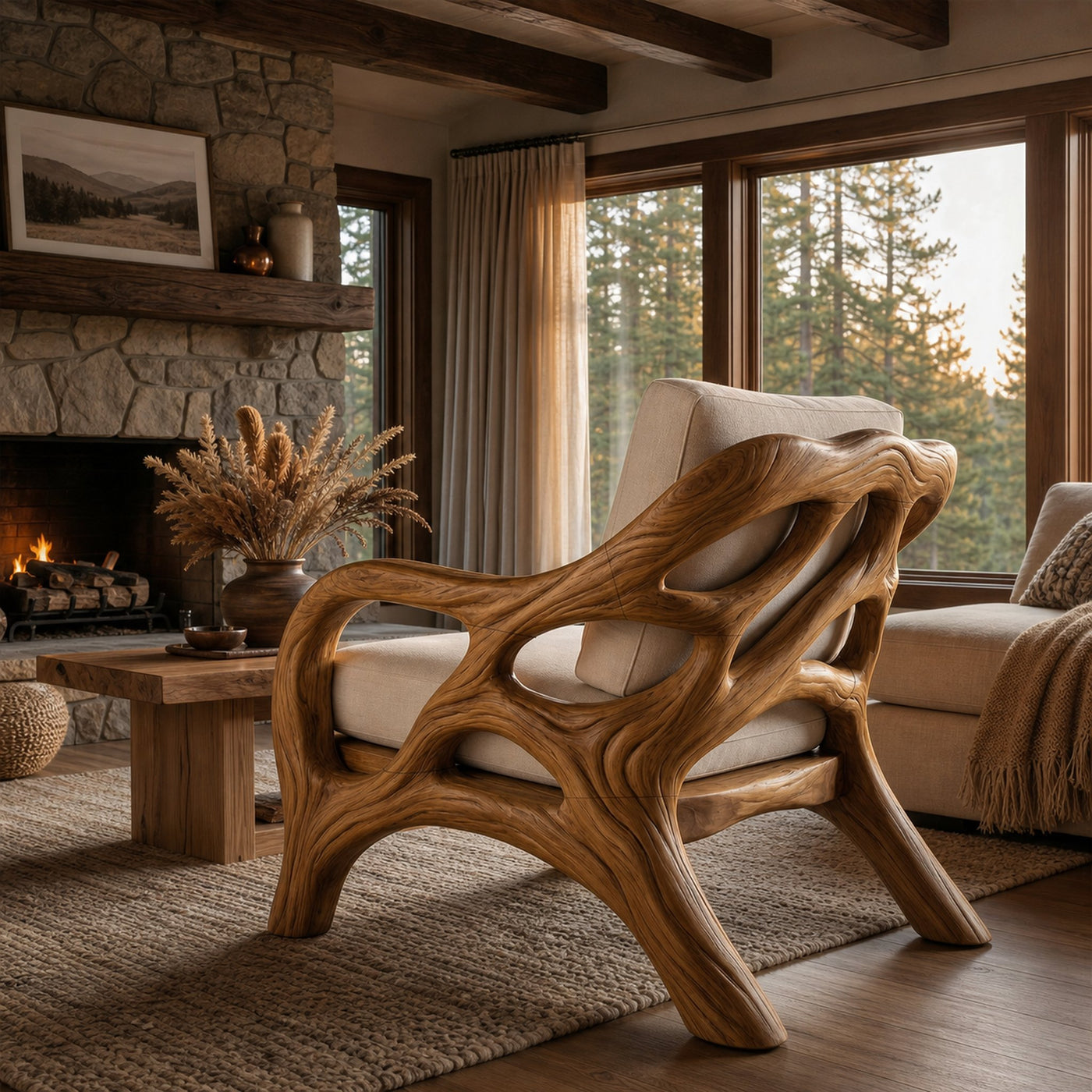 Luxury Organic Wood Lounge Chair with Sculptural Architectural Design - product view 3
