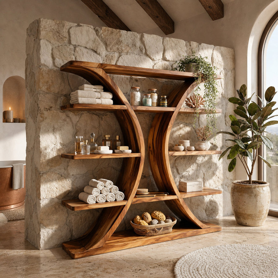 Luxury Organic Wooden Spa Shelf With Sculptural Curved Frame