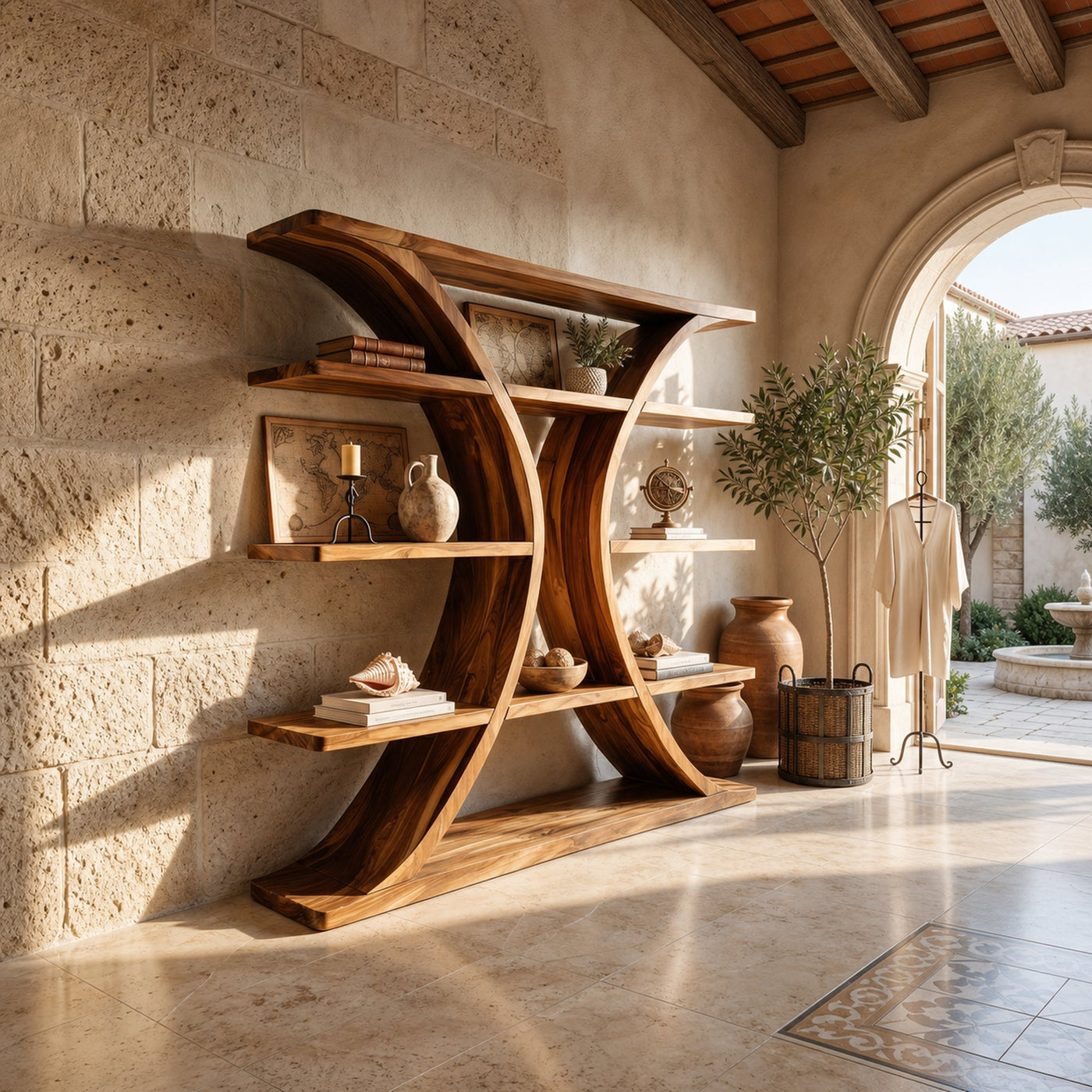 Luxury Organic Wooden Spa Shelf With Sculptural Curved Frame - product view 6