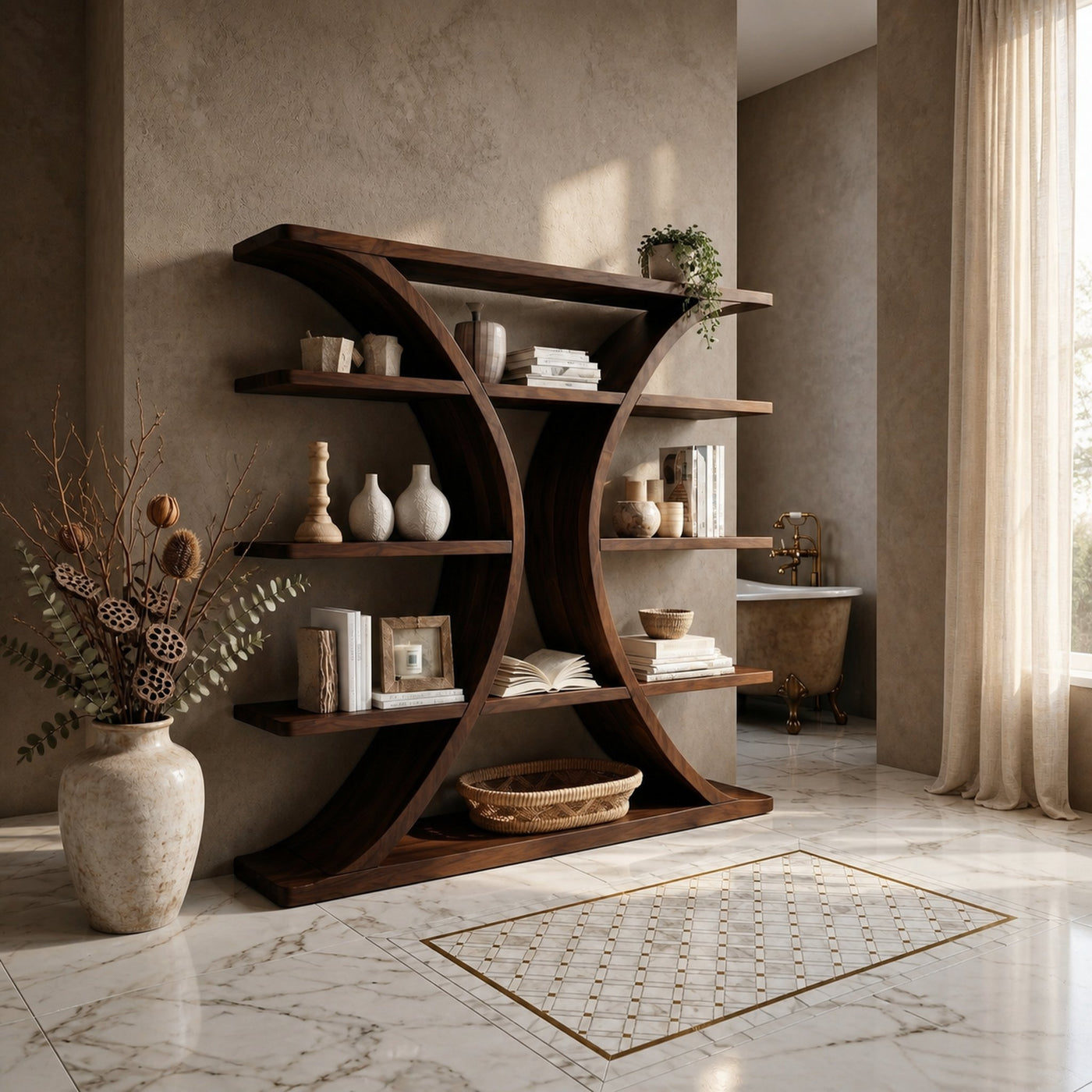 Luxury Organic Wooden Spa Shelf With Sculptural Curved Frame - product view 7
