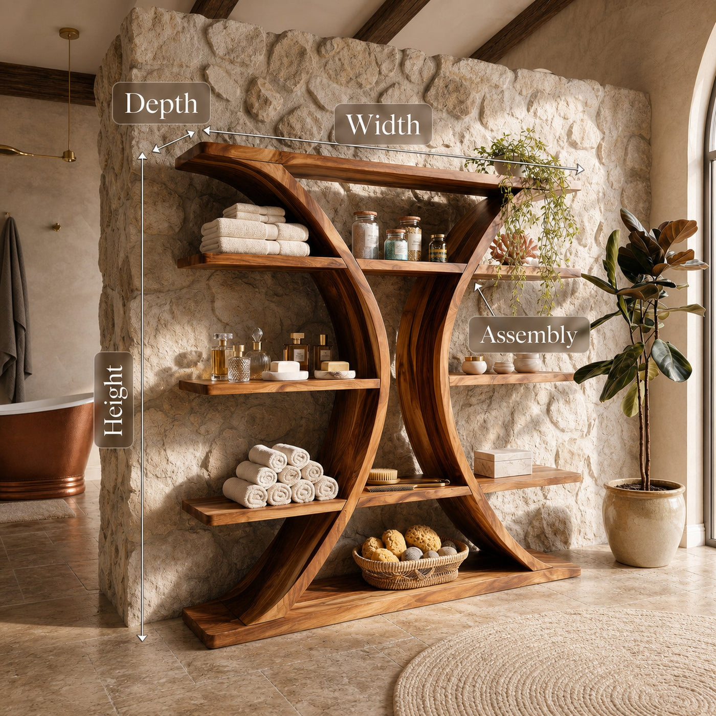Luxury Organic Wooden Spa Shelf With Sculptural Curved Frame - product view 8