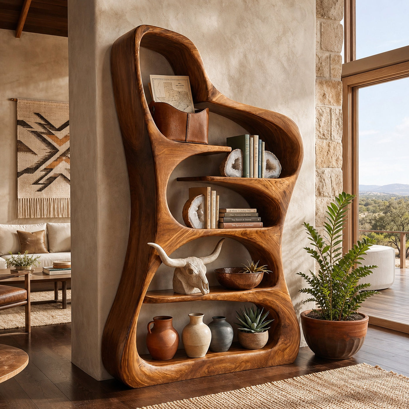 Luxury Sculptural Form Wooden Bookshelf For Living Room