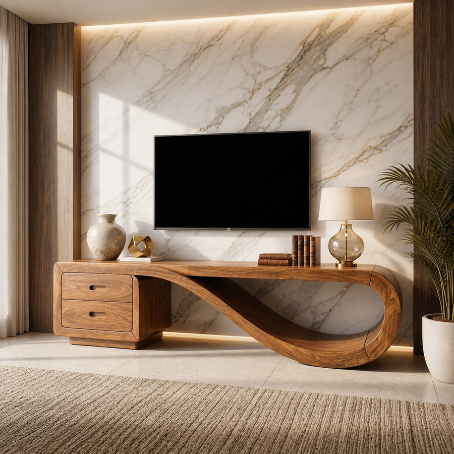 Luxury Sculptural Media Console Marble Accent Wall