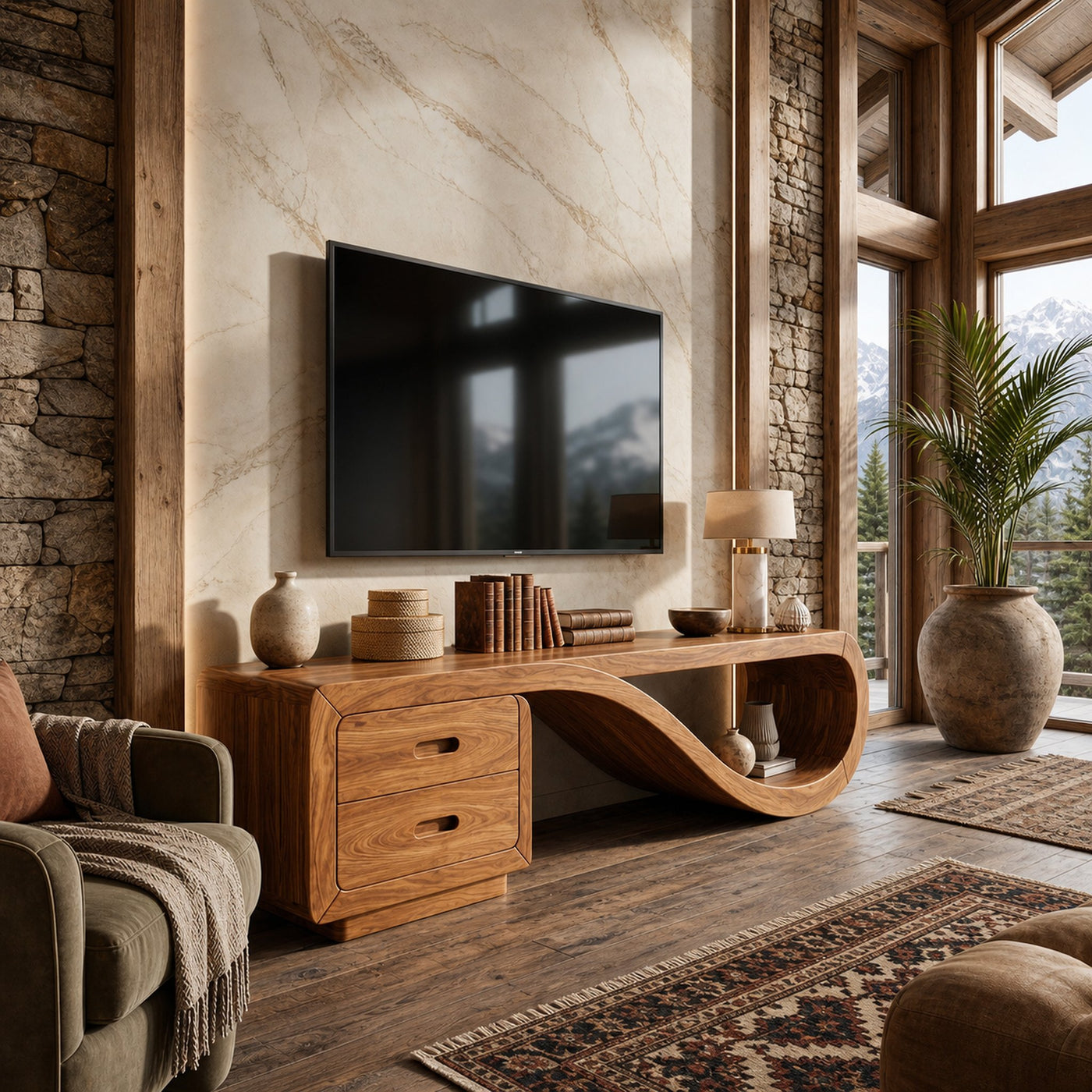 Luxury Sculptural Media Console Marble Accent Wall - product view 6