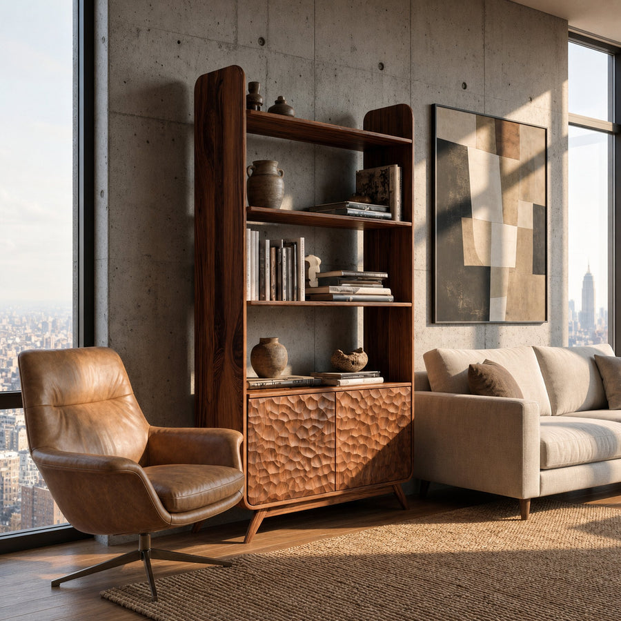 Luxury Solid Wood Bookshelf With Sculpted Door Panels