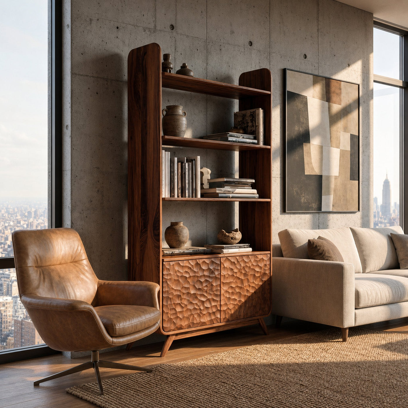 Luxury Solid Wood Bookshelf With Sculpted Door Panels