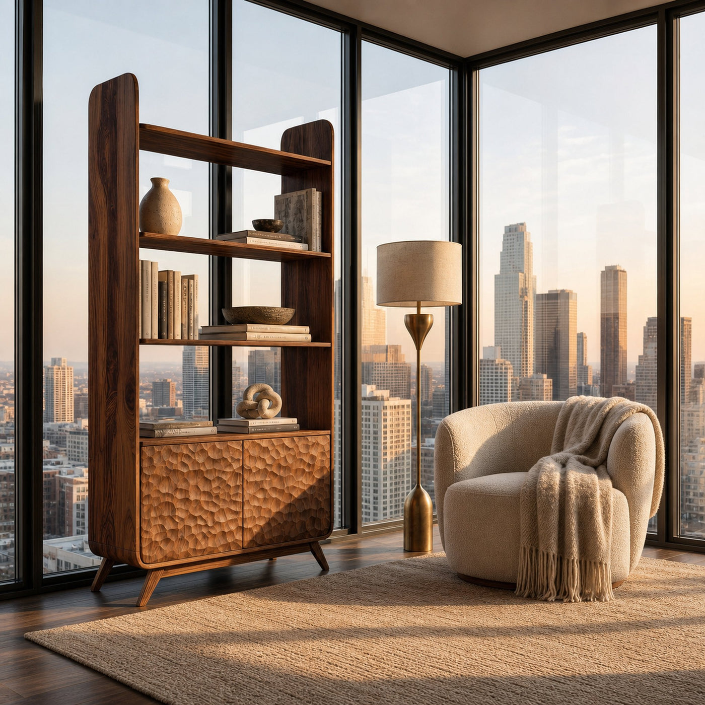 Luxury Solid Wood Bookshelf With Sculpted Door Panels - product view 6