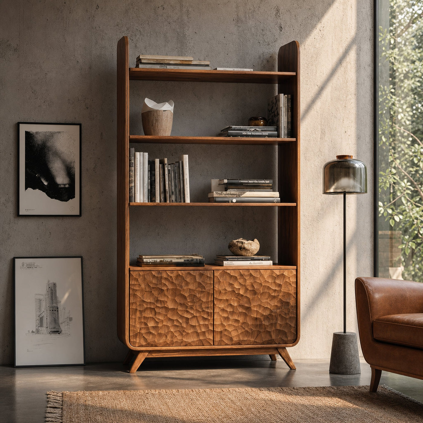 Luxury Solid Wood Bookshelf With Sculpted Door Panels - product view 7