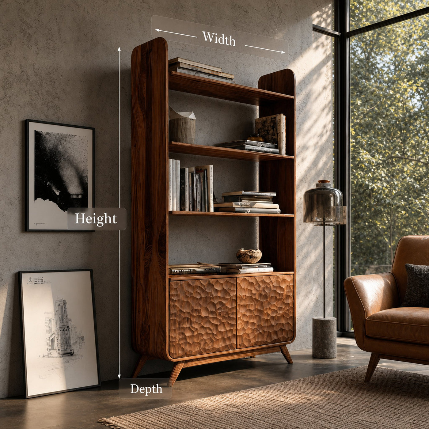 Luxury Solid Wood Bookshelf With Sculpted Door Panels - product view 8