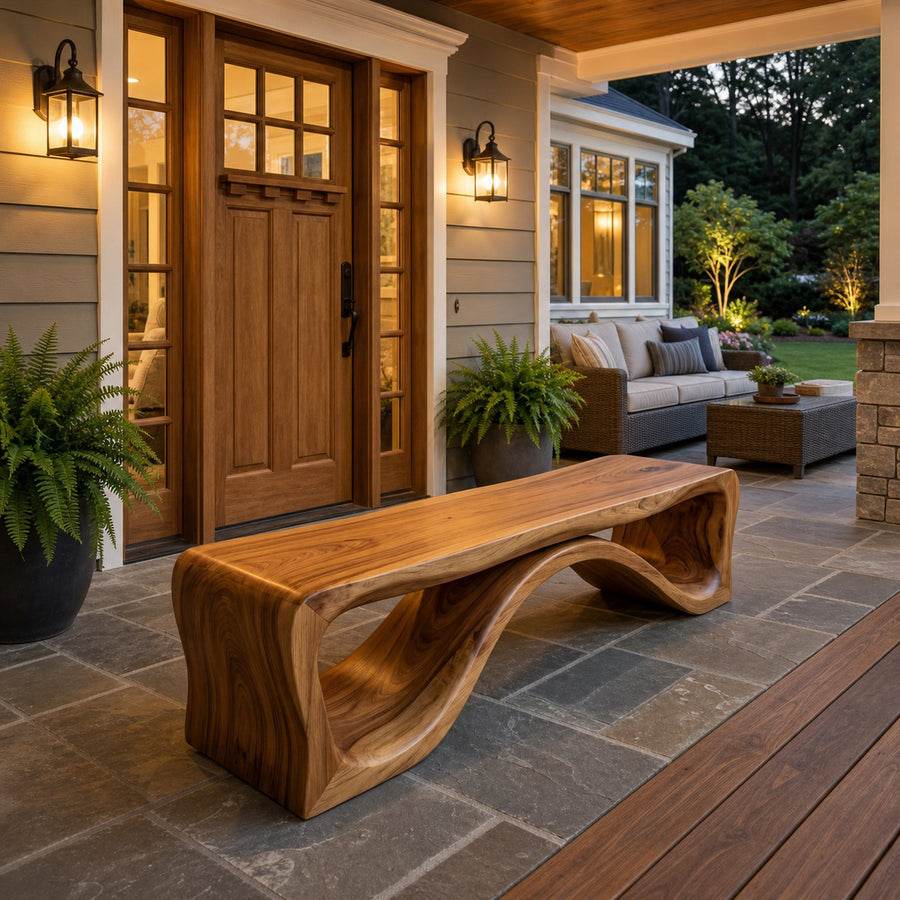 Luxury Wood Bench With Flowing Leg For Entryway