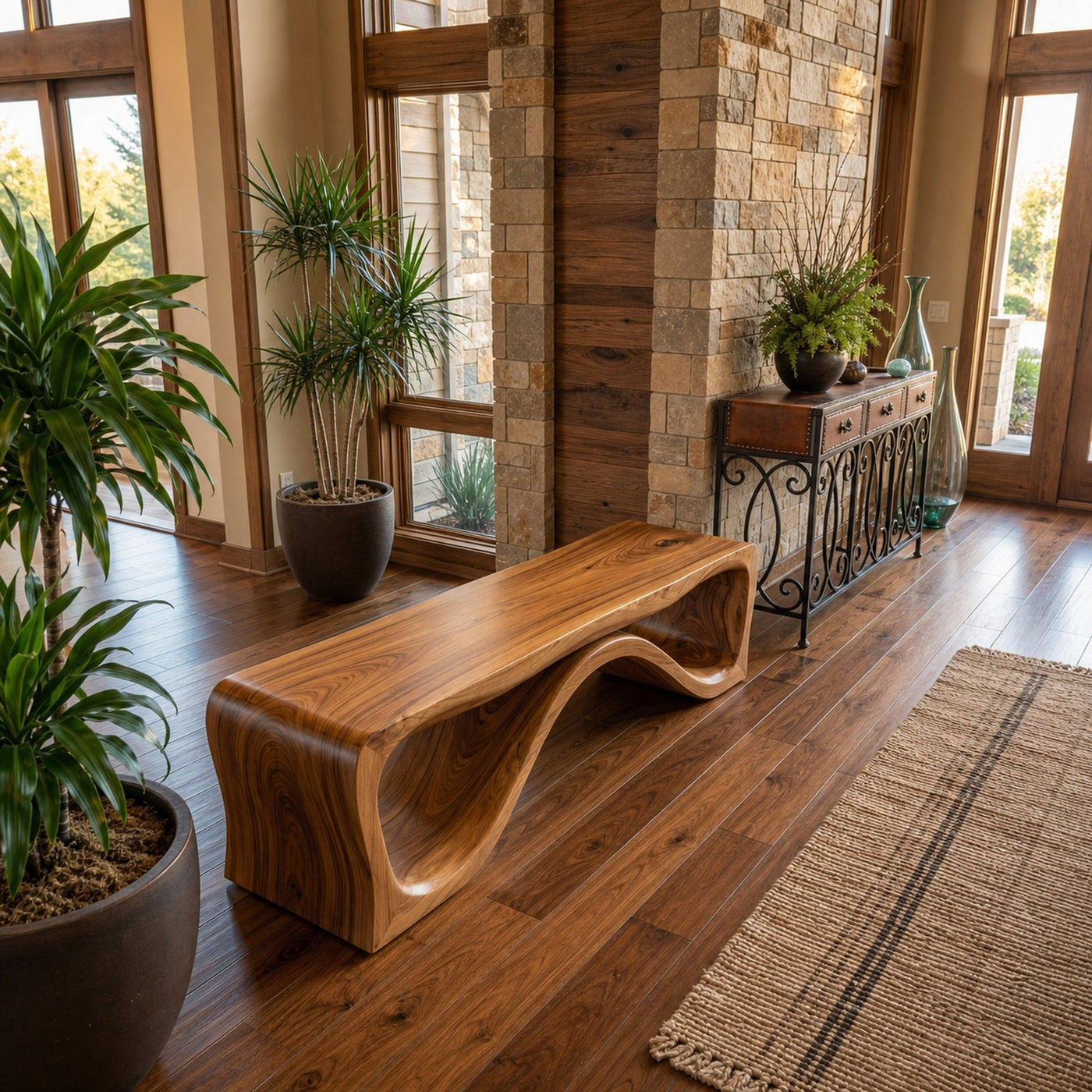 Luxury Wood Bench With Flowing Leg For Entryway - product view 6