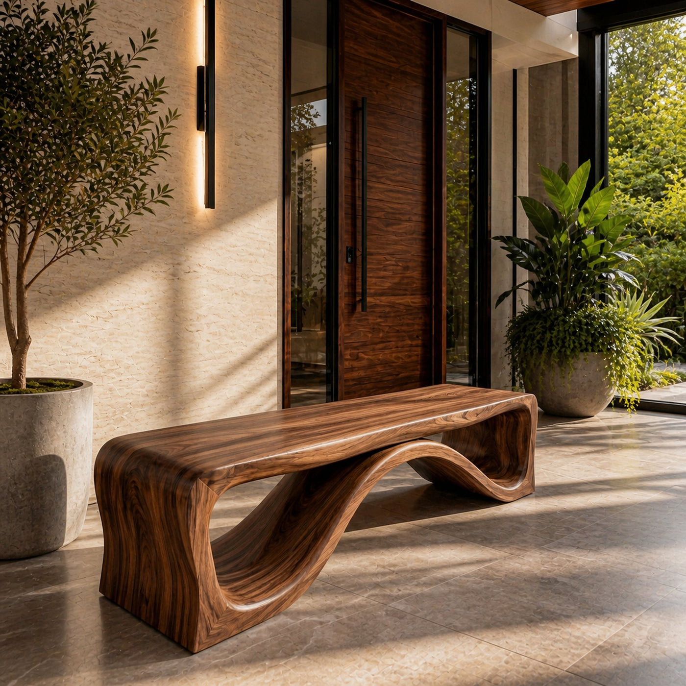 Luxury Wood Bench With Flowing Leg For Entryway - product view 7