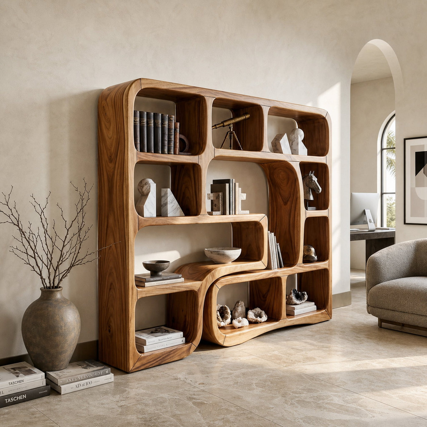 Luxury Wooden Bookcase With Organic Wave Design