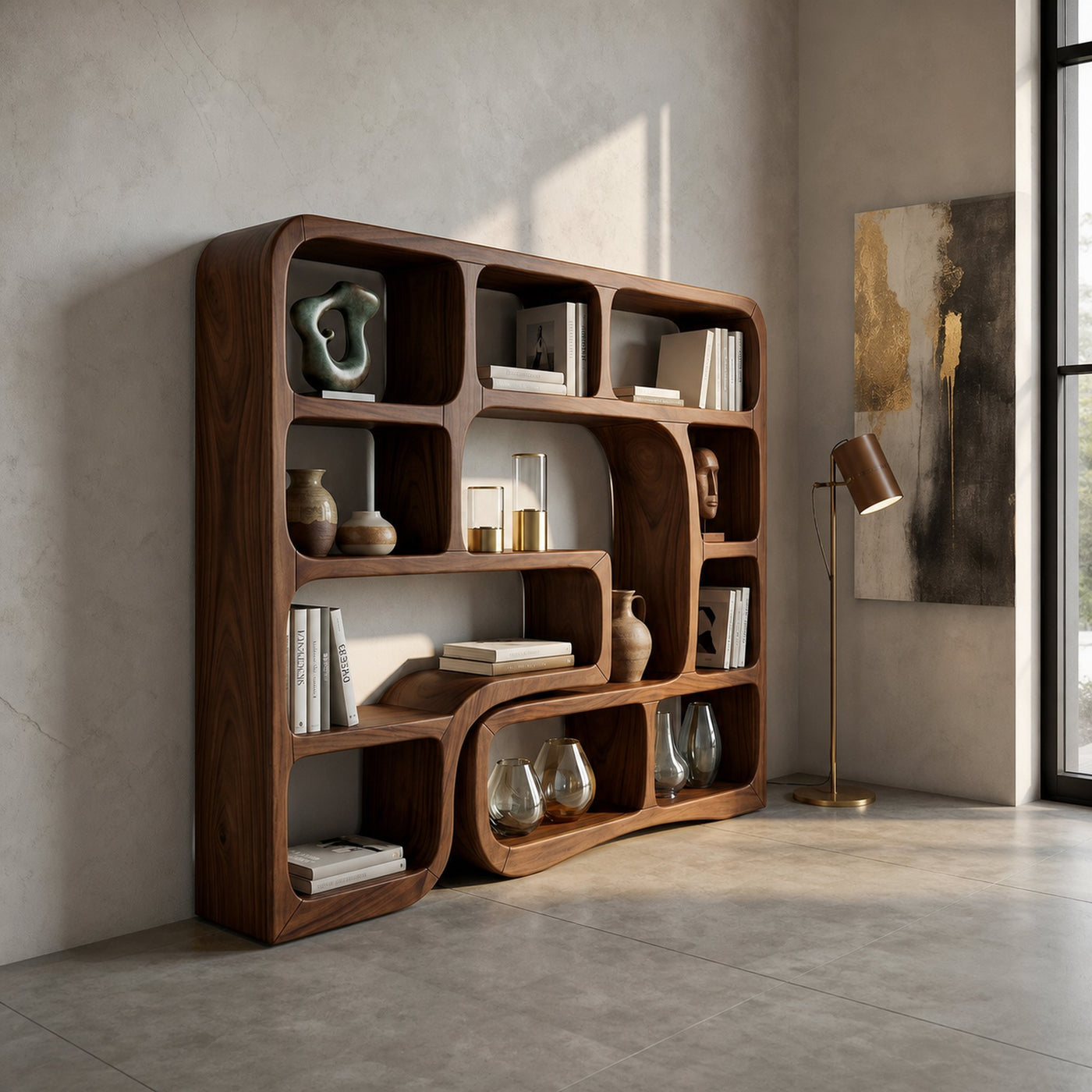 Luxury Wooden Bookcase With Organic Wave Design - product view 6