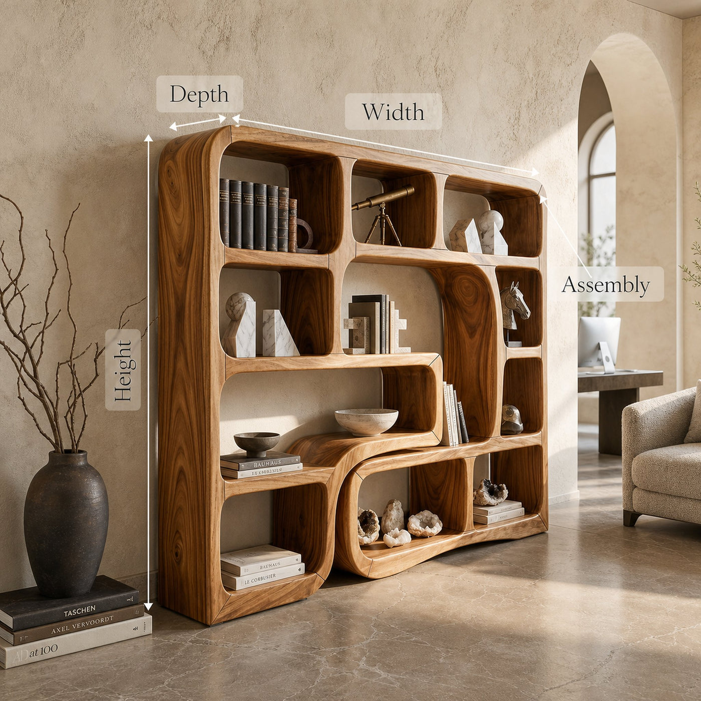 Luxury Wooden Bookcase With Organic Wave Design - product view 8
