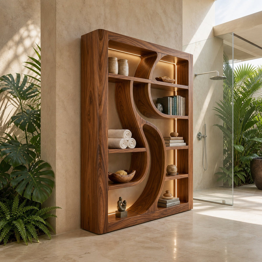 Luxury Wooden Bookshelf Featuring Ambient LED Shelving