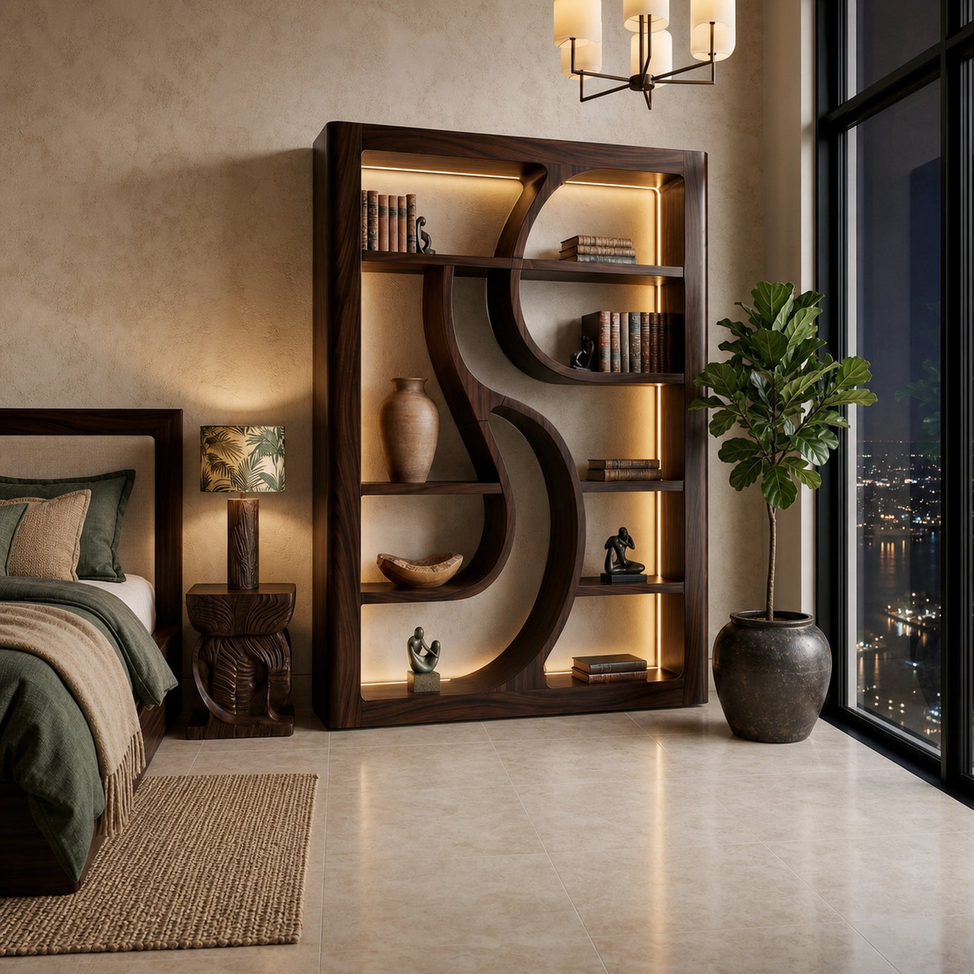 Luxury Wooden Bookshelf Featuring Ambient LED Shelving - product view 7