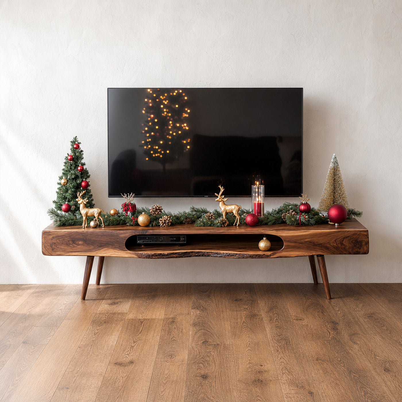 Mid Century Christmas TV Stand Modern Winter Living Room