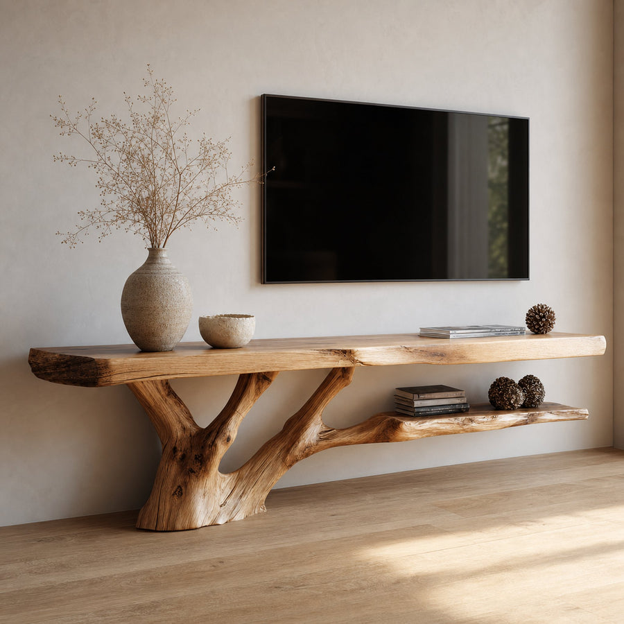 Mid Century Console Table Wood Backing Statement Luxury Showroom