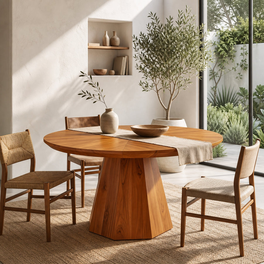 Mid Century Dining Table With Tapered Sculptural Pedestal For Dining Room