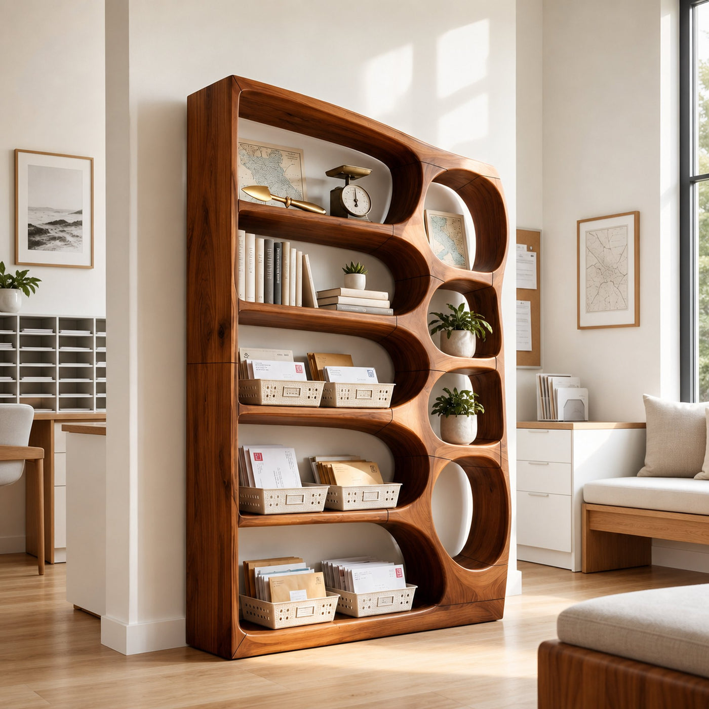 Mid Century Handcrafted Bookshelf Storage Organizer For Living Room